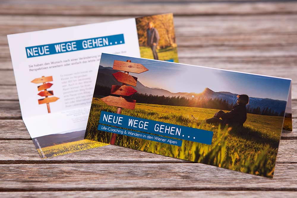 Webdesign, Printdesign, Fotografie - Mein Portfolio Folder für Helga Zwarnig, "Neue Wege gehen"